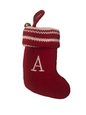 Kohls Christmas Mini Stocking Red Knit Letter A Monogram Bell 9" Diagonally
