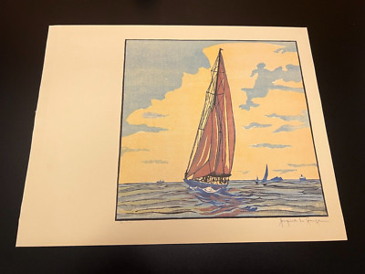 JACQUES La GRANGE, 1934 Art Deco signed color woodcut ''The Endeavour'' race yacht