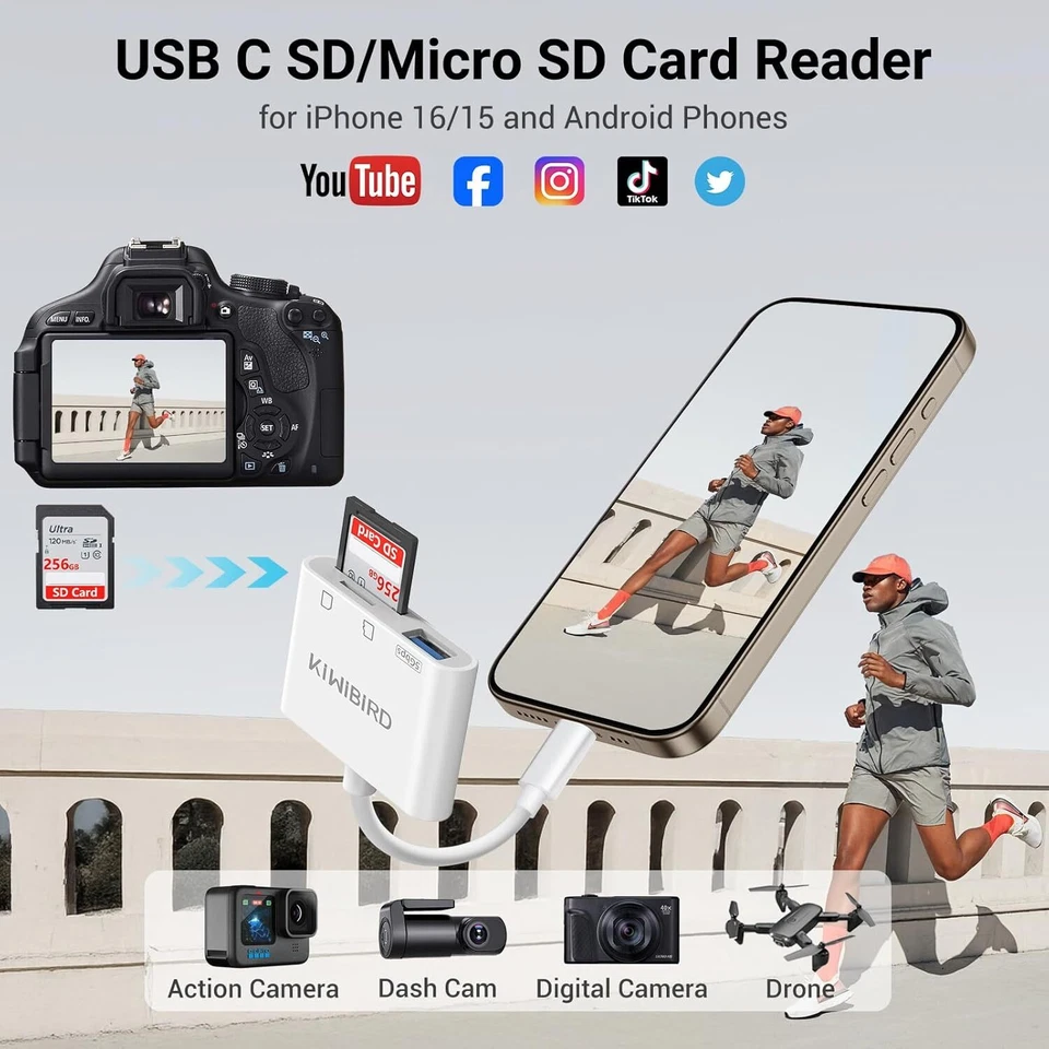 KiWiBiRD USB C SD Micro SD Card Reader for iPhone 16 15 Mac iPad Air Pro USBC - Image 3 of 4