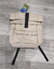 Puffer Backpack Tan Roll Top Bag Water Repellant Laptop Storage Multiple Zip 16"