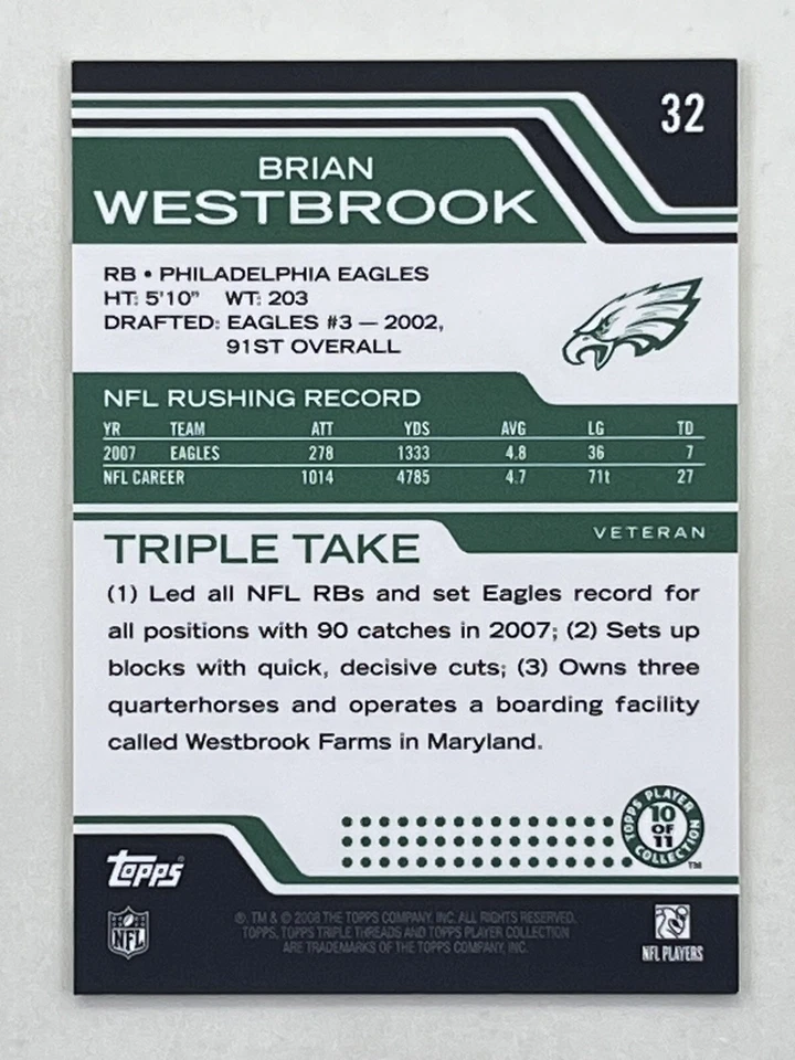 Brian Westbrook 2008 Topps Triple Threads Emerald /149 #32 Eagles Trading Card - Image 2 of 2