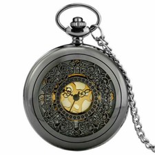 Retro Hollow Flower Analog Men Women Quartz Pocket Watch Chain Half Hunter Gift