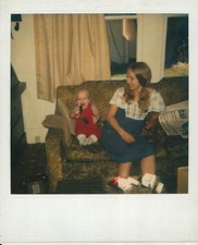 Old Vintage Photo COLOR POLAROID DUO WOMAN AND TODDLER COUCH MOM MOTHER CHILD
