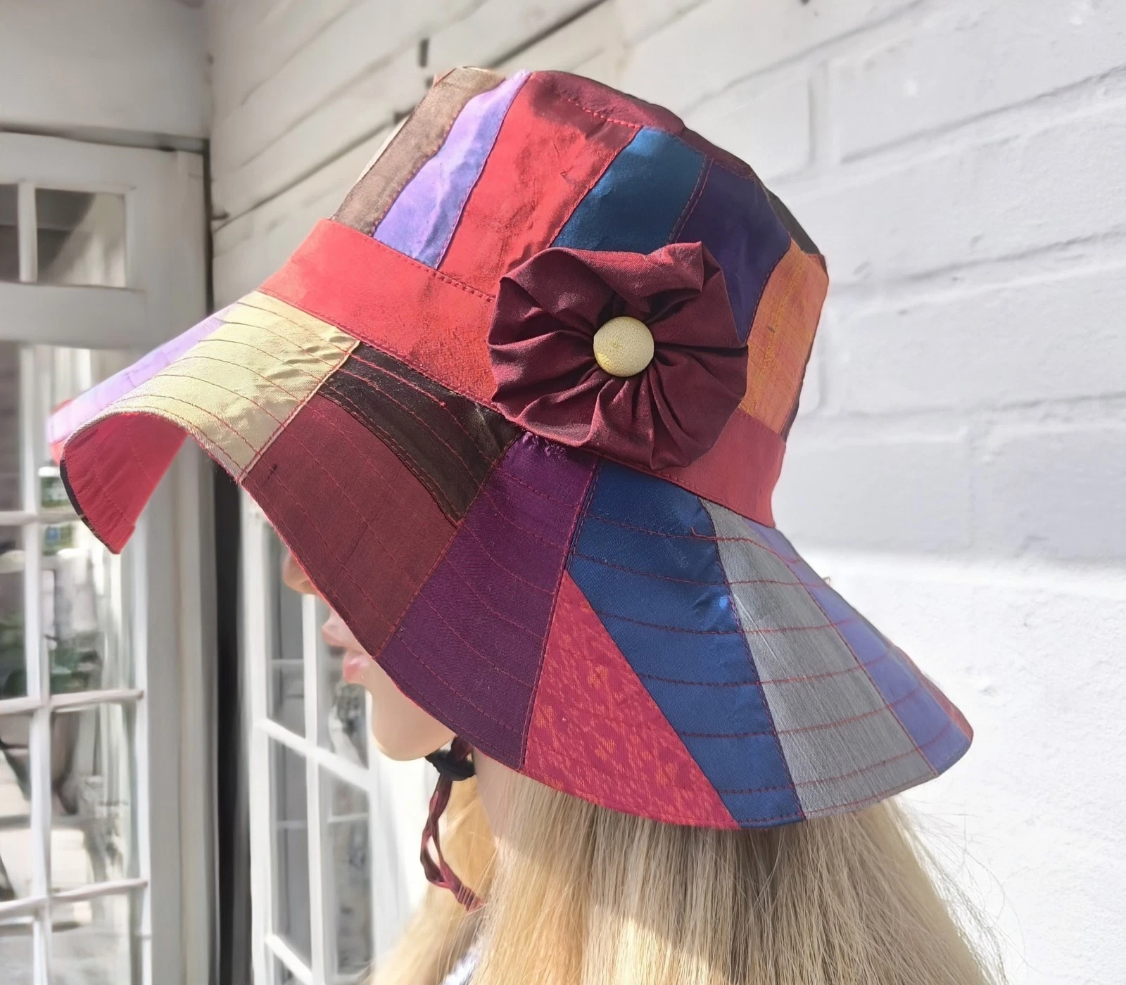 Patchwork Floppy Sun Hat Pure Silk Wide Brim Flower Accent Boho Hippy Festival