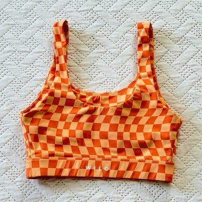 WILO Sports Bra Orange Check Pattern Removable Pads Pullover Womens SMALL 