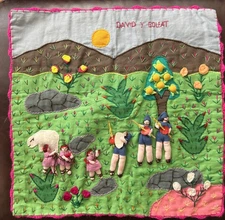 Handmade Peru Aperillera Folk Art 3D David & Goliath Tapestry 18x18 Wall Hanging