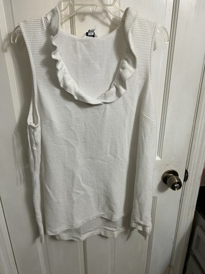 Crown & Ivy Womens XL White Ribbed Ruffle V Neck Sleeveless Cotton Tank Top A27