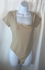 Pink Rose Feminine Beige Square Neck Short Sleeve Womens Bodysuit Size M