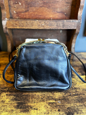 Vintage Giani Bernini Black Leather Kisslock Crossbody Frame Purse Handbag Gold