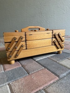 Vintage Wood Accordion Fold Out Sewing Box Basket Dove Tailed Drawer Romania