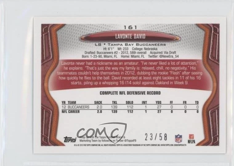 2013 Topps Mini Gold /58 Lavonte David #161 - Image 2 of 2