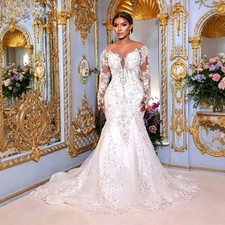 Luxury Mermaid Wedding Dresses Beaded Lace Appliques Long Sleeves Backless Gown