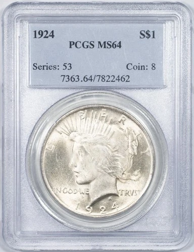 1924 PCGS MS63 Peace Silver Dollar Philadelphia Mint Uncirculated BU+