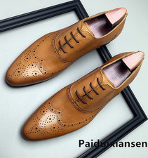Mens Brogue Real Leather oxford Shoes Pointy Toe Work Carved Lace up shoes