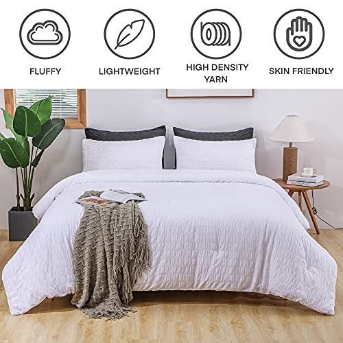 Seersucker Comforter Set - Full Size, 80x90 Inches, White, 3 Pieces, Unisex 