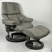  NEW Ekornes Stressless Medium RENO Gray Leather Swivel Recliner Chair Ottoman
