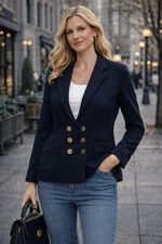 Ann Taylor Loft Navy Knit Blazer Womens Small Double Breasted Cotton Jacket