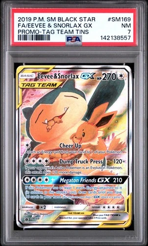 2019 POKEMON SM BLACK STAR PROMO TAG TEAM TINS FULL ART/EEVEE & SNORLAX GX PSA 7