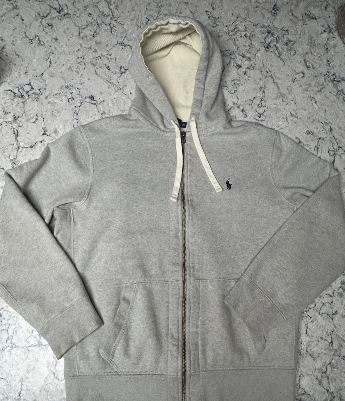 Polo Ralph Lauren Vintage Grey Full Zip Fleece Hoodie Thermal Lined Hood XL Pony