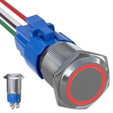 16mm Latching Push Button Switch 12V DC, IP65 Silver Shell Silver Shell-Red