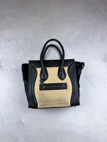 Celine Micro Luggage Bag Black Leather Tan Pony Hair Tricolor Authentic Tote