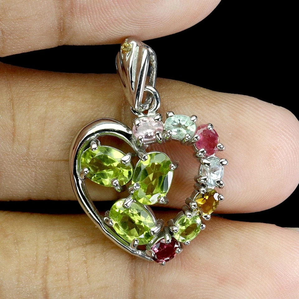 925 Sterling Silver Pendant Oval Peridot Sapphire Tourmaline Gemstone Jewelry - Image 2 of 4