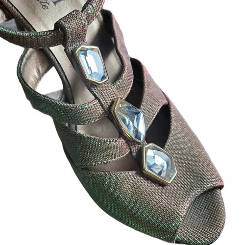 Scarpe donna Vaneli taglia 9 metallizzate iridescenti oro verde rubino strass TStrap - Foto 4 di 12
