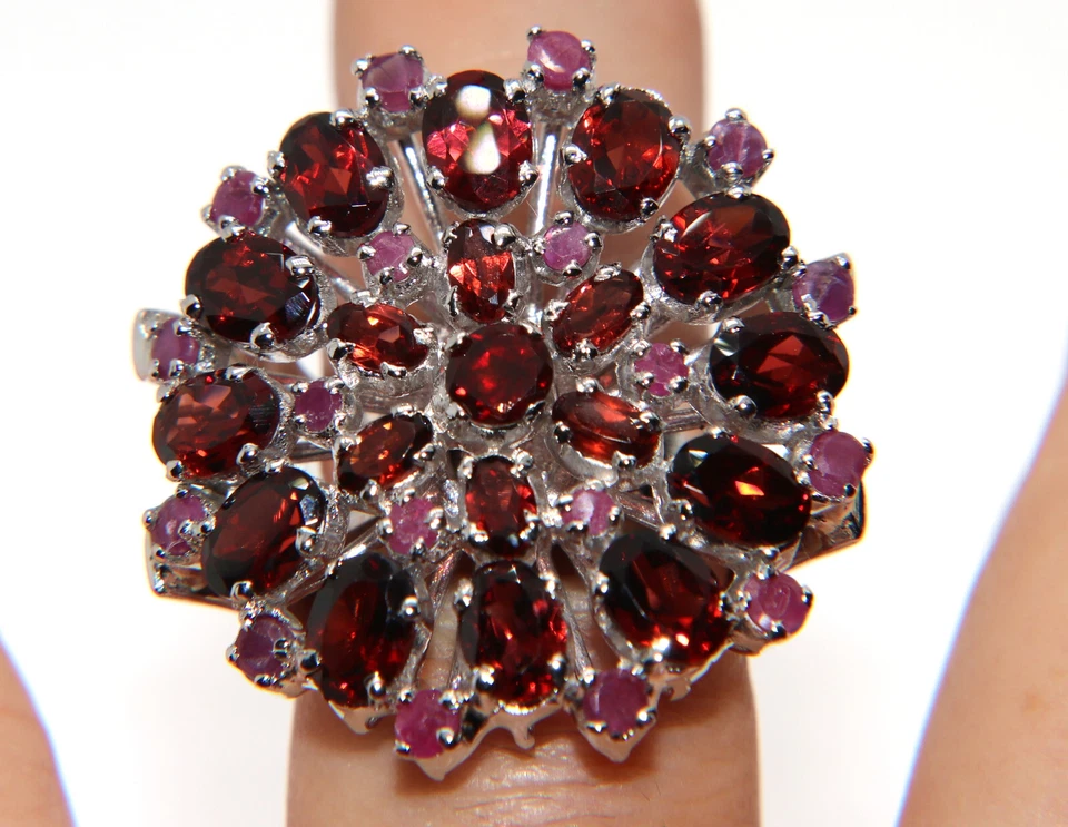 Anello in argento 925 con Granato e Radice di Rubino toppa tondo grande donna 19 - Immagine 2 di 4