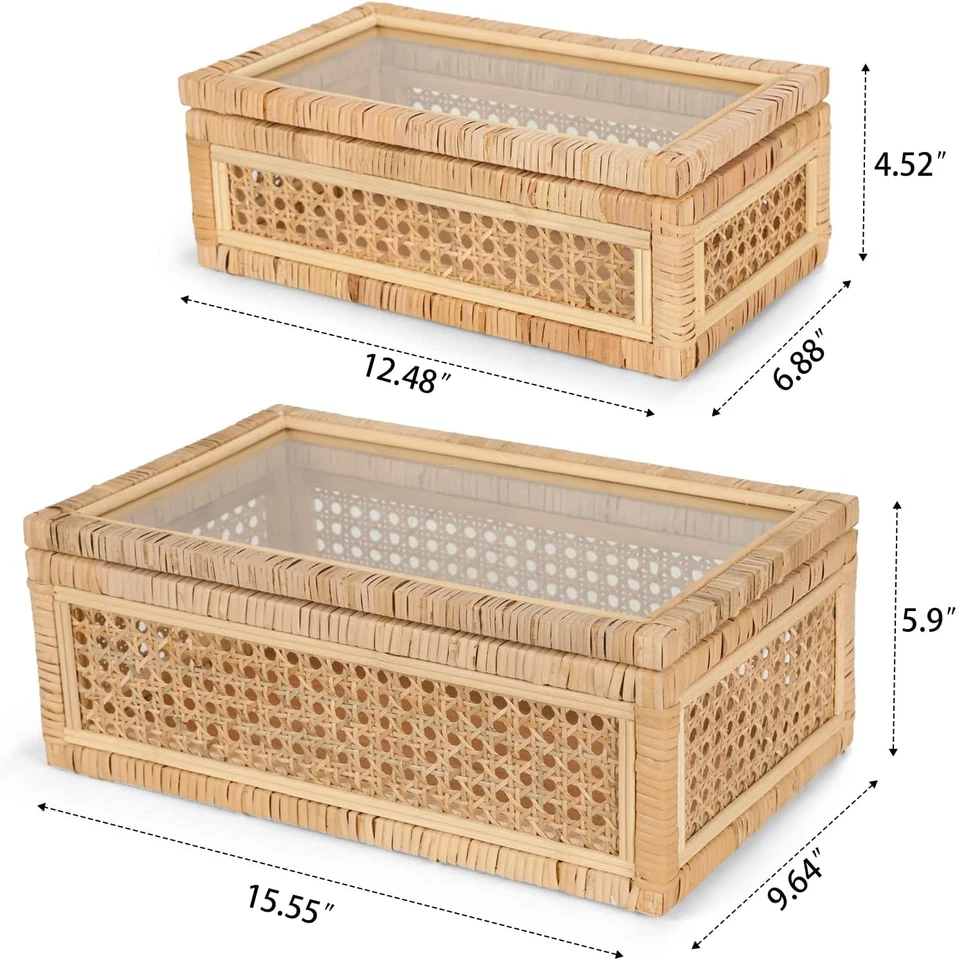 Handwoven Boho Rattan Display Boxes with Glass Lids - Set of 2 Rectangular Decor - Image 3 of 4