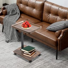Side Table with Wheels, C Shaped End Table, Adjustable Side Table for Couch Sofa