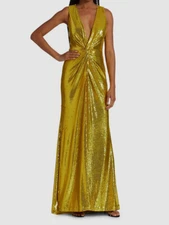 $646 Halston Women's Gold Georgia Sequin Twist Gown Dress Size 6