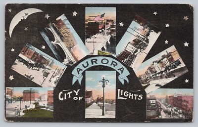 Aurora IL City Light Multiple View Town Scenes Crescent Moon Starts Postcard M8