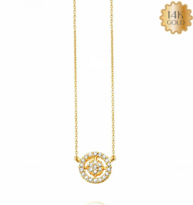 14K Gold 0,13 Kt Natürlicher Diamant Konzentrische Kreise Charm Fein Anhänger Halskette