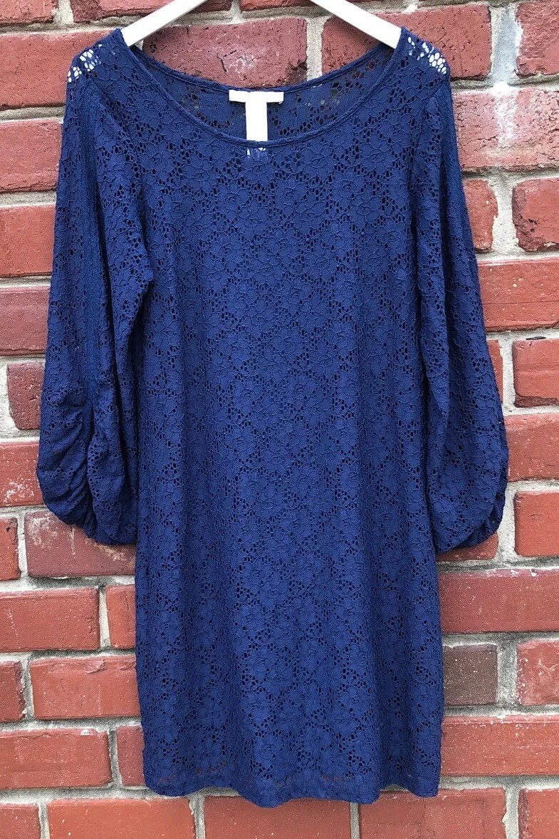 Laundry Womens Sz 8 Lace Dress 3/4 Puff Sleeves Under Slip Navy | eBay