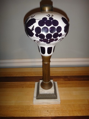 Antique Overlay Glass Oil Lamp White Cut Amethyst Grape. Vine Boston Sandwich - Picture 2 of 11