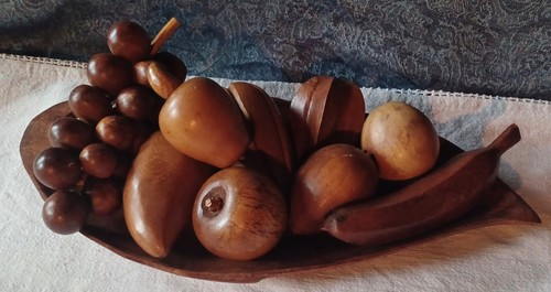 MCM Holz 9 Stück Obst Konvolut & Tablett geschnitzt Retro braun Mid Century Modern Vintage