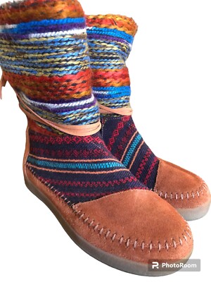 Tom’s Boots/Shoes Cognac Suede Yarn Textile Moccasins Boho Nepal Style  Lined