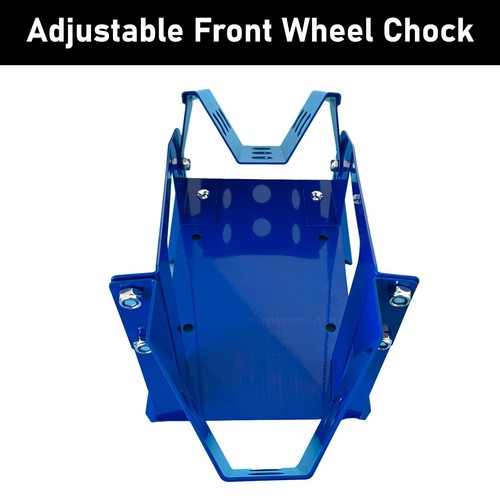 17"-21" Motorcycle Front Wheel Chock Trailer Stand 12 Holes Adjustable Blue - Picture 4 of 7