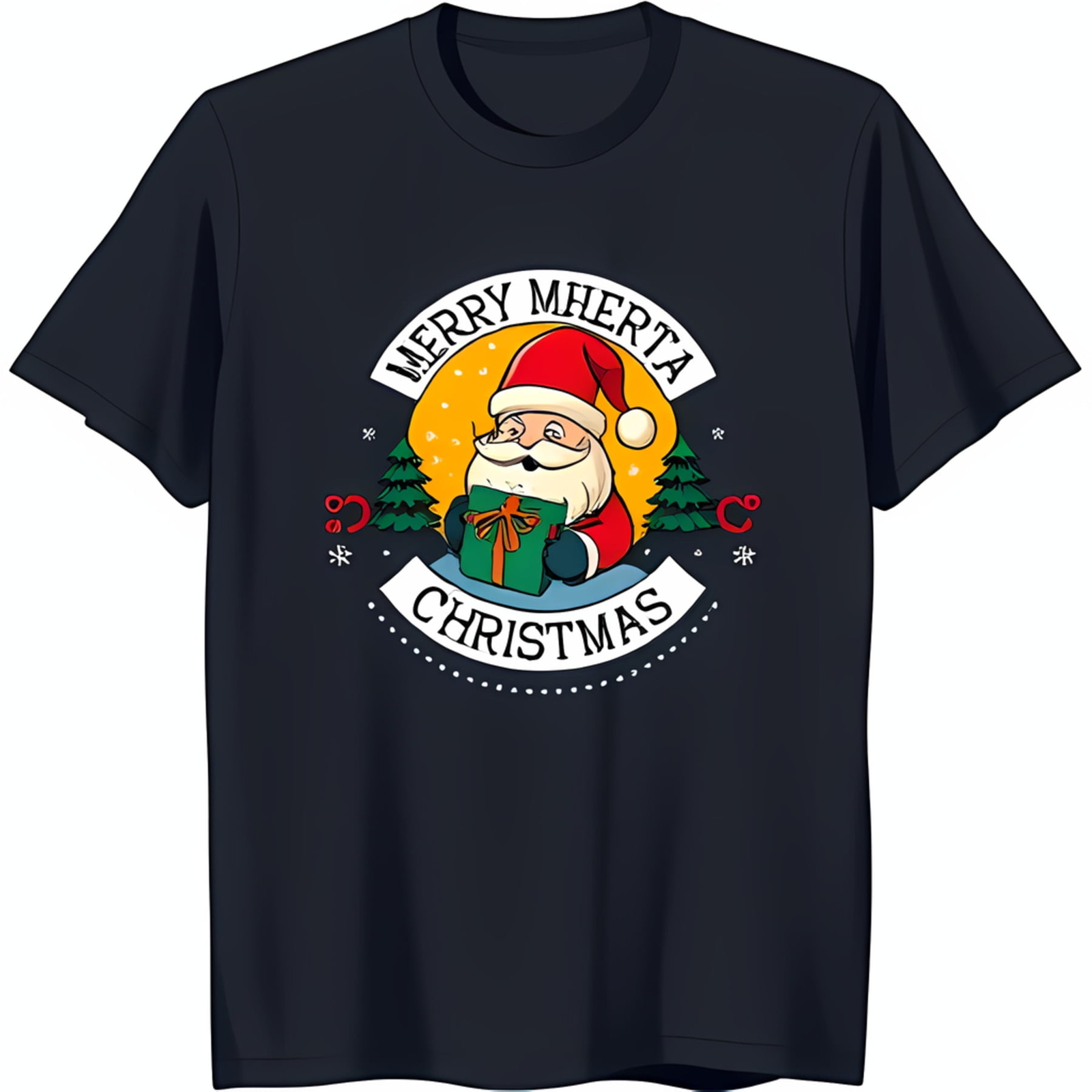 Festive Black T-Shirt with Santa Claus Graphic Merry Mherta Chrisn