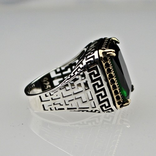 Sterling Silver Simulated Emerald Gemstone Men's Ring Turkish Jewelry Size 7-15 - Picture 4 of 7