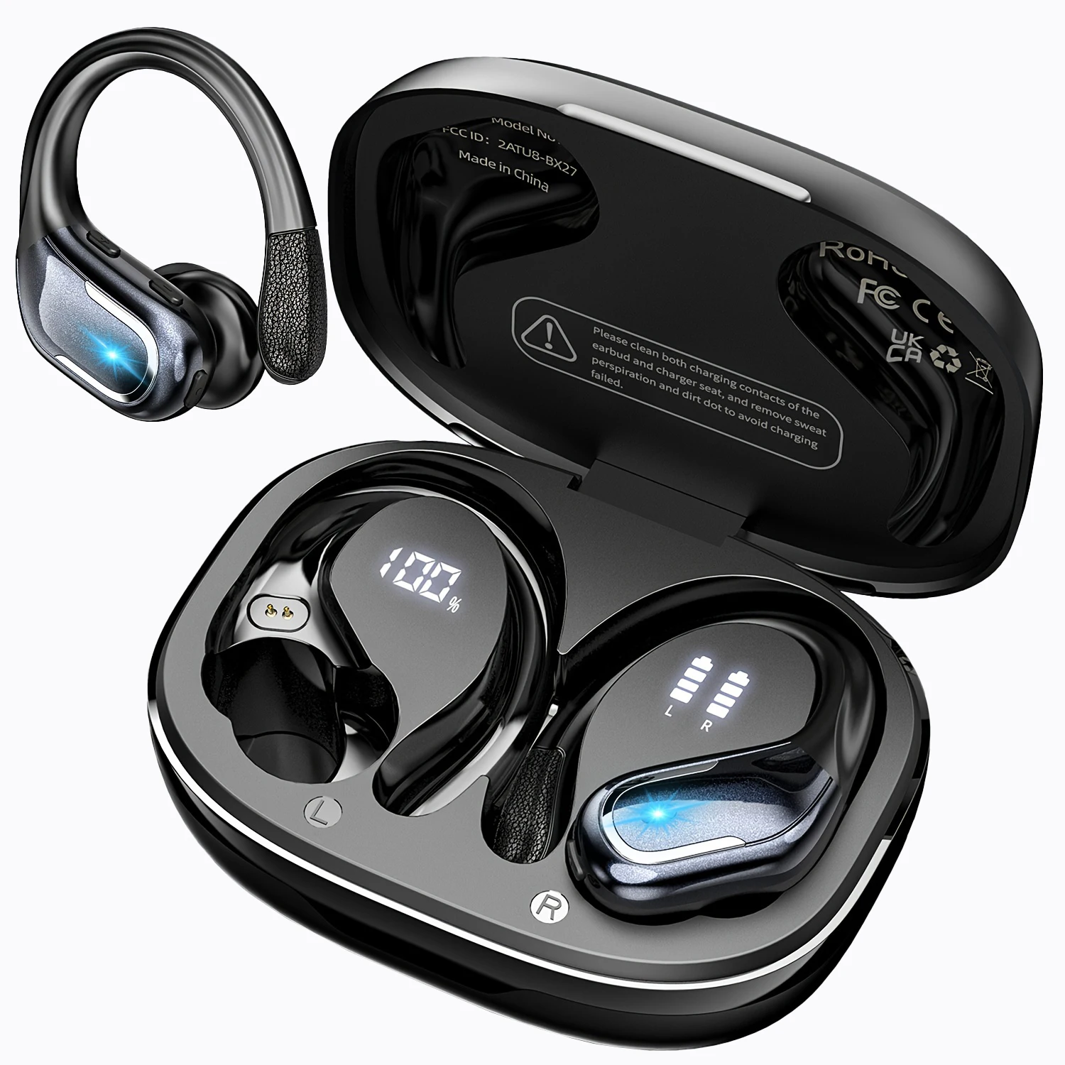 Sweatproof Wireless Earbuds with Earhooks for Running Sports & Dual-LED Display
