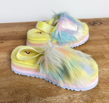 UGG Fluff Yeah Rainbow Multicolor Faux Fur Platform Slide Slippers Women s 7