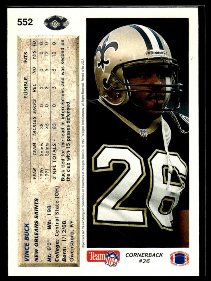 1992 Upper Deck #552 Vince Buck - Image 2 of 2