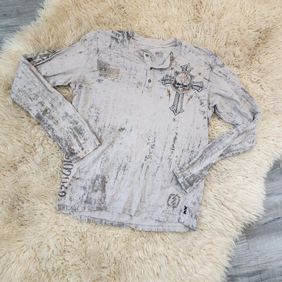 Affliction Long Sleeve Henley Skull Wing Cross Shirt Distressed Y2K XL USA