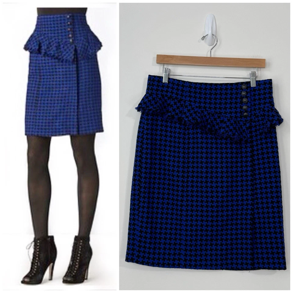 Falda lápiz Nanette Lepore tweed mezcla de lana flecos vascos talla 12 azul negro