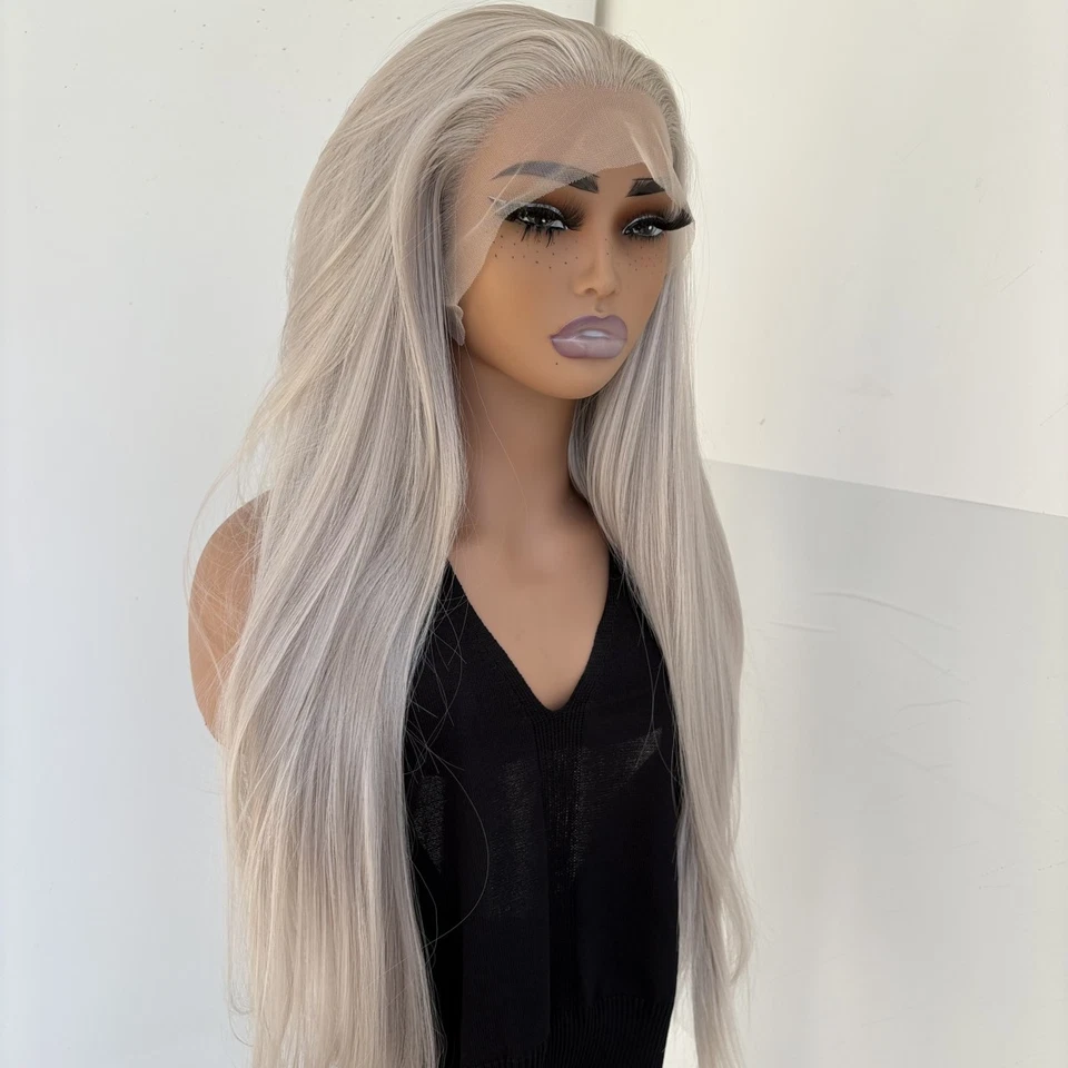 Peluca frontal sin pegamento sin encaje gris plateado resistente al calor cabello largo liso Foto 3 de 4