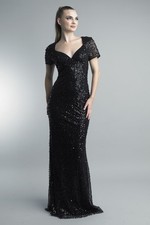 Sequin Draped Column Gown with Cap Sleeves