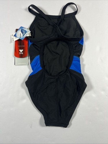 TYR Girls Alliance Diamond Back One Piece Swimsuit Black Blue Size 22 NWT (TG8) - Picture 10 of 13