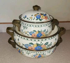 VIntage 1981 M Kamenstein Enamel Cookware 5 Piece Floral Design Brass Handles