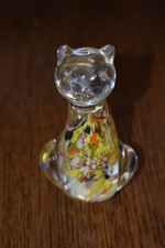 Murano Cat Facing Forward - Colorful Swirls of Yellow, Orange, Blue, & White 4"